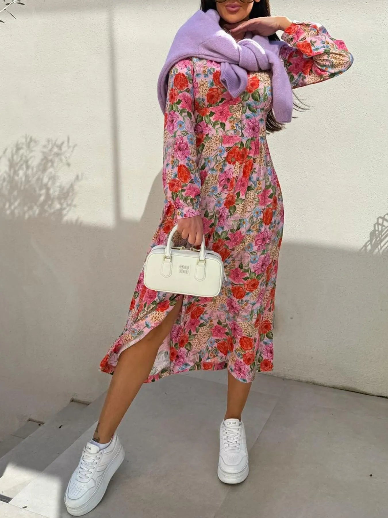 Floral Print Long Sleeve V-Neck Dress