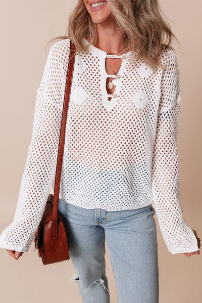 Hollow Out Long Sleeve Knit Cover Up - Clothes For Her Online Store