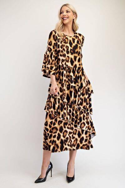 Celeste Full Size Leopard Asymmetrical Ruffle Midi Dress Plus Size - Clothes For Her Online Store