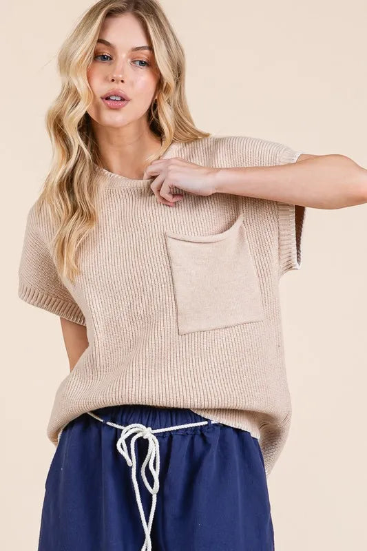 Lime 'N' Chili Solid Cap Sleeve Stitch Edge Knit Sweater