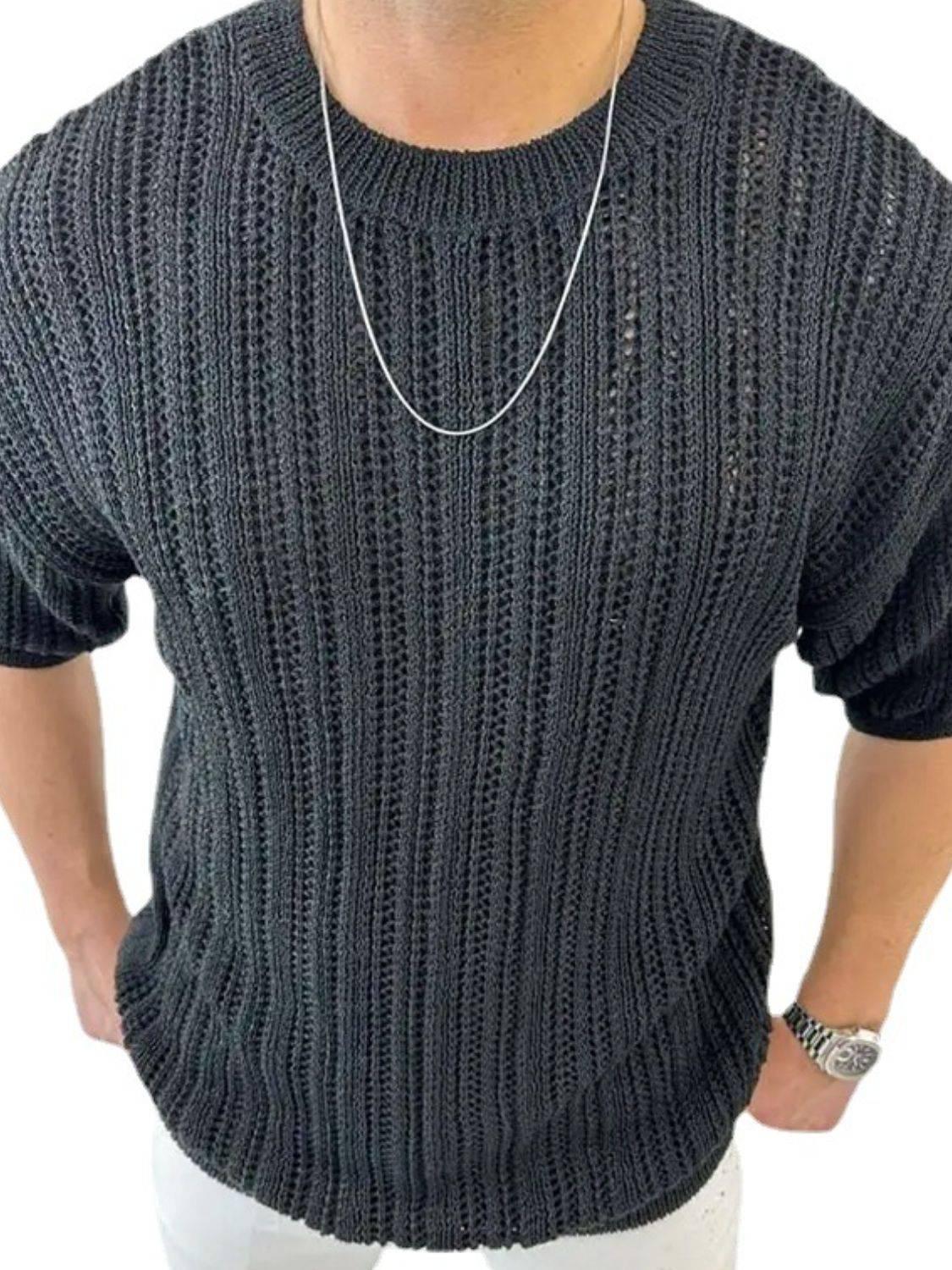 Men's Openwork Round Neck Knit T-Shirt - Clothes For Her Online Store