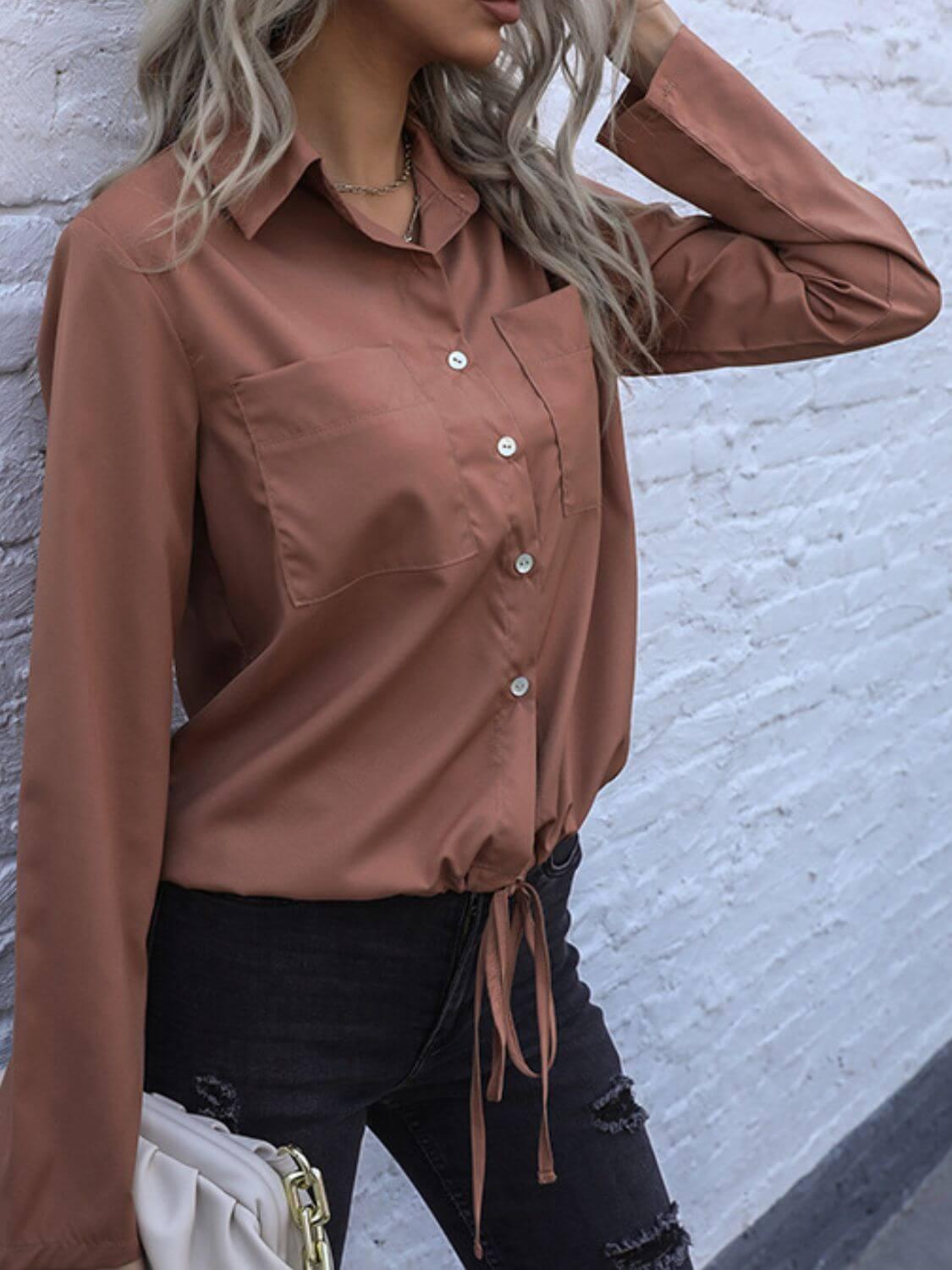 Perfee Tied Hem Button Down Long Sleeve Shirt