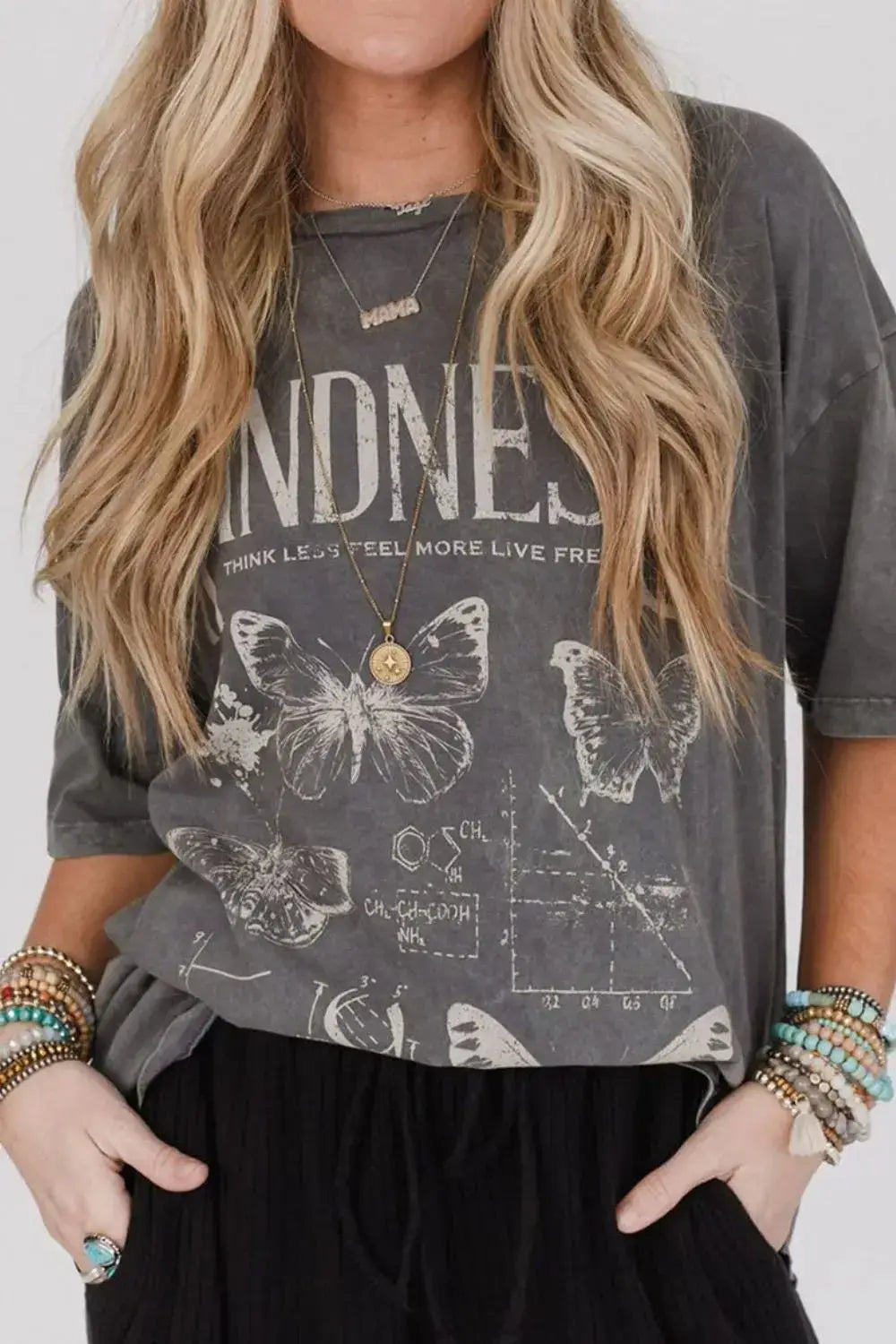 Kindness Butterflies Graphic Mineral Wash Loose Tee - Clothes For Her Online Store