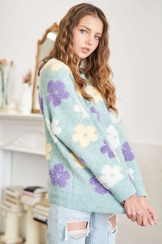 ADORA Full Size Floral Popped 2-Tone Sweater Top Plus Size