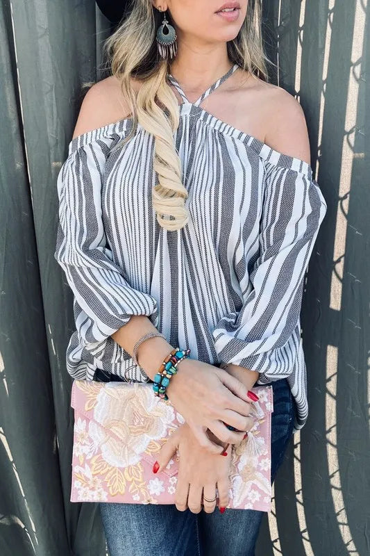 And The Why Stripe Printed Cold Shoulder Halter Neck Top