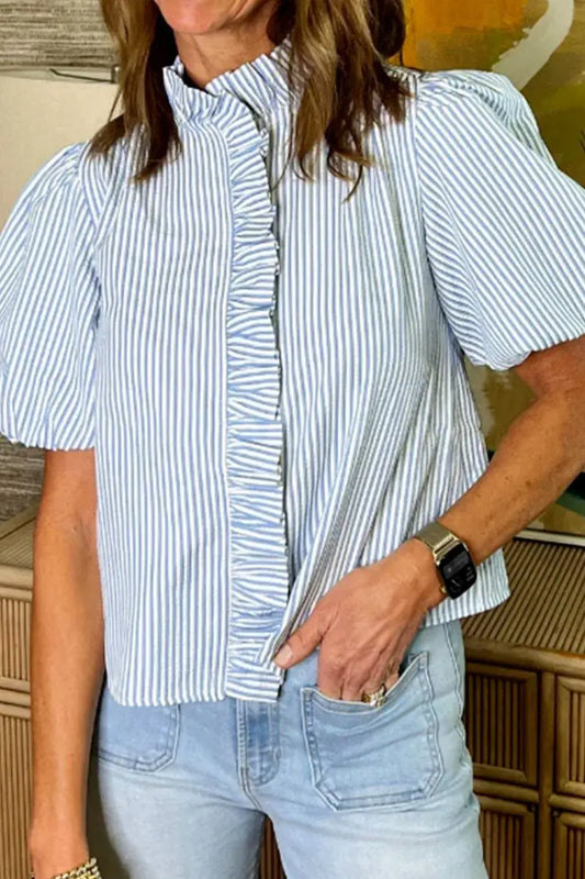 Striped Ruffle Short Bubble Sleeve Shirt