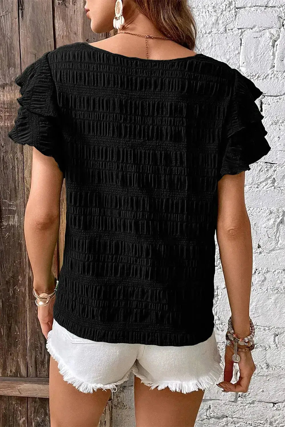 Round Neck Ruffled Layered Short Sleeve Blouse