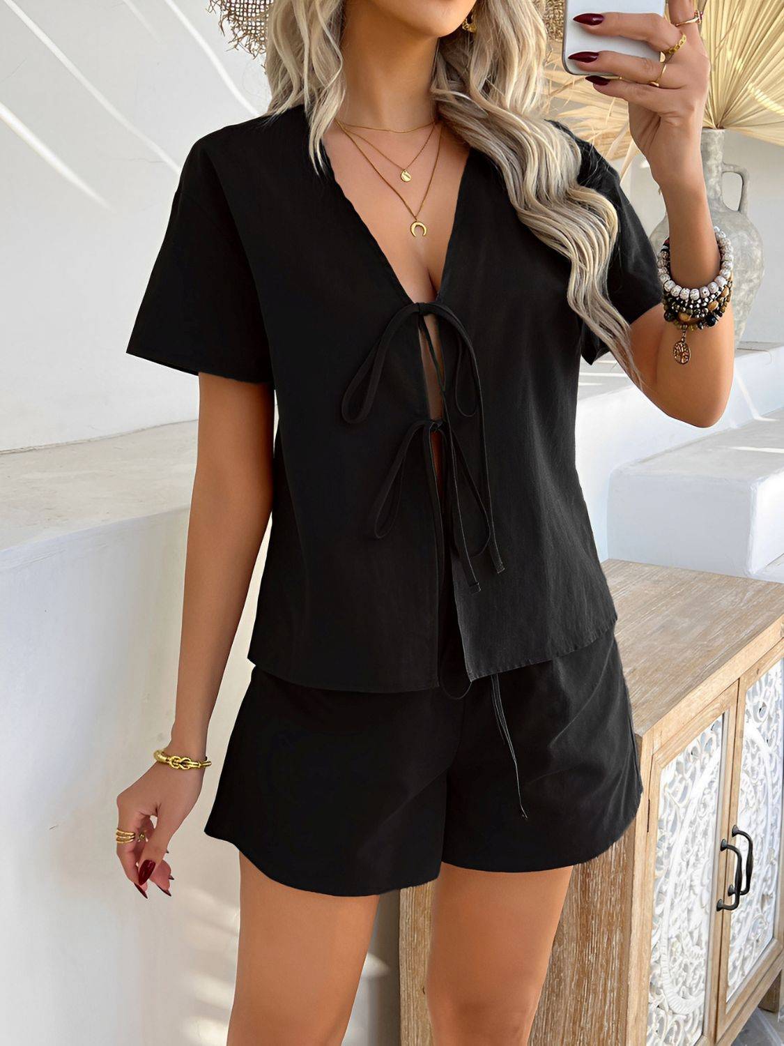 Devine Tied V-Neck Short Sleeve Top and Shorts Set