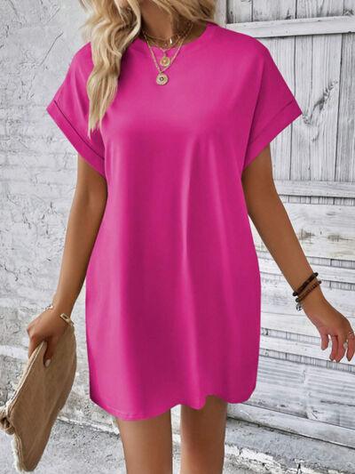 Round Neck Short Sleeve Mini Tee Dress with Pockets - Clothes For Her Online Store