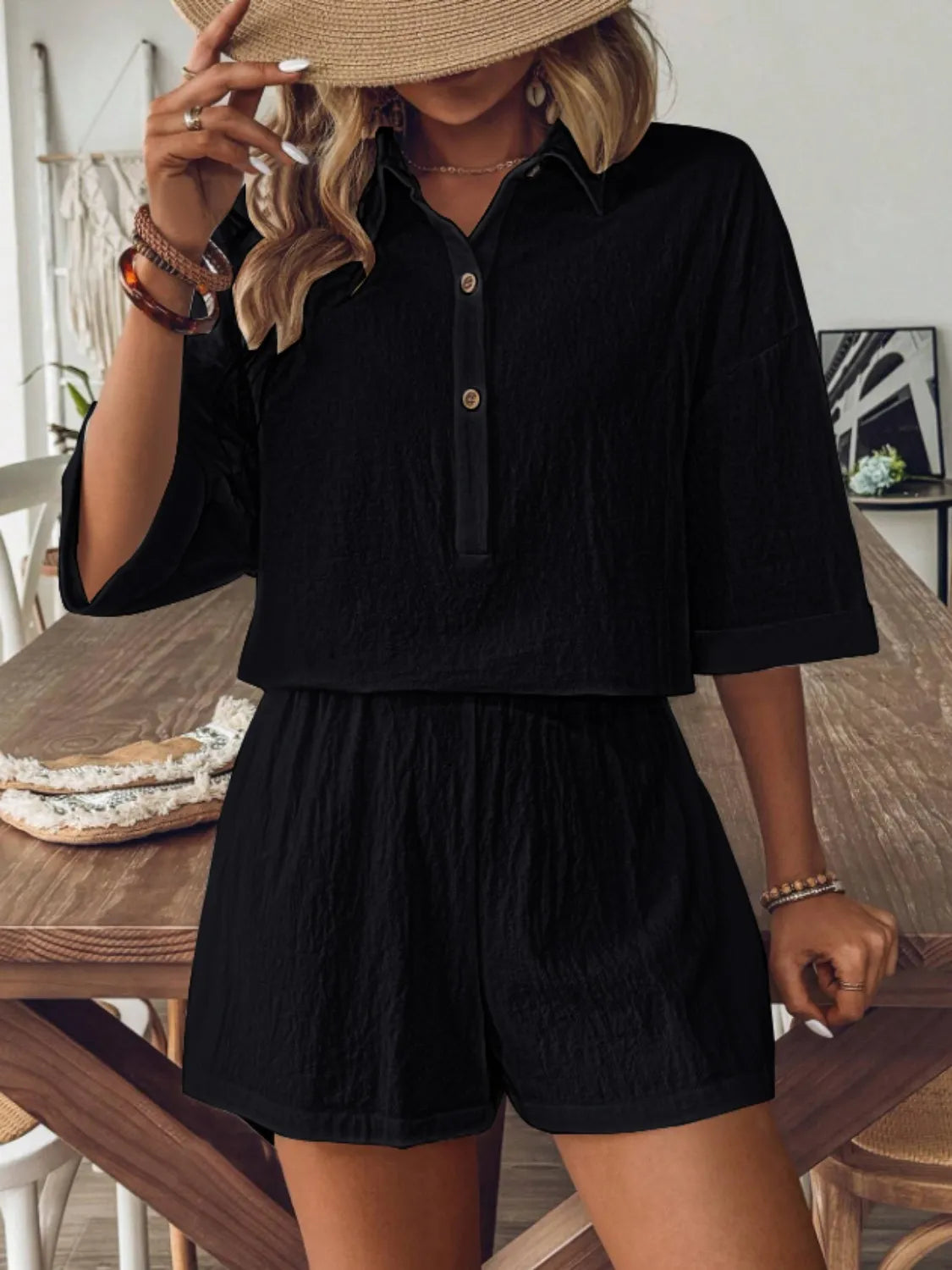Collared Neck Half Sleeve Top and Shorts Set