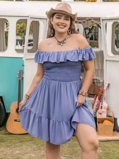 Plus Size Ruffled Smocked Off-Shoulder Mini Dress - Clothes For Her Online Store