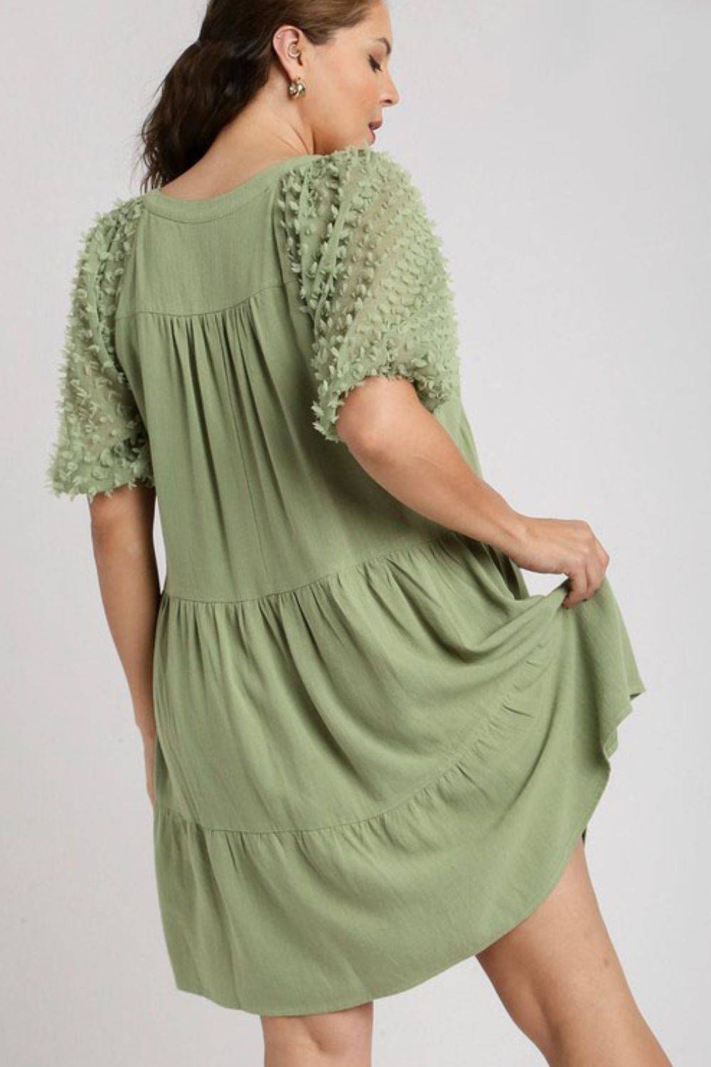 Umgee Full Size Linen Tiered A-Line Split Neck Dress Plus Size - Clothes For Her Online Store
