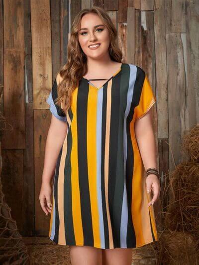 Plus Size Striped Short Sleeve Mini Dress - Clothes For Her Online Store
