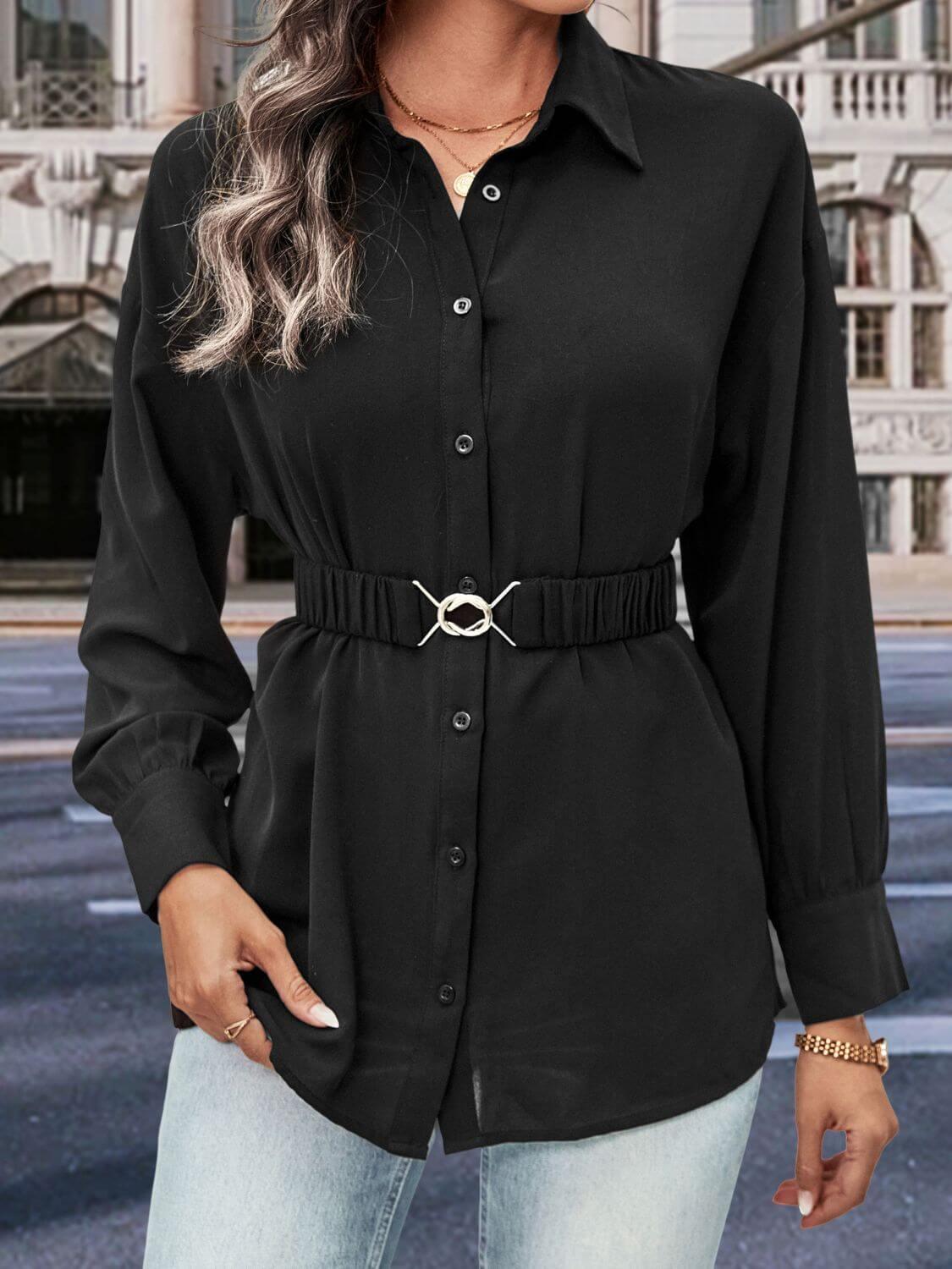 Perfee Collared Neck Button Down Long Sleeve Shirt