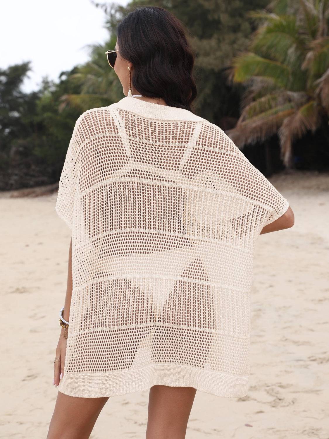 Hollow Out Collared Neck Cover-Up - Clothes For Her Online Store