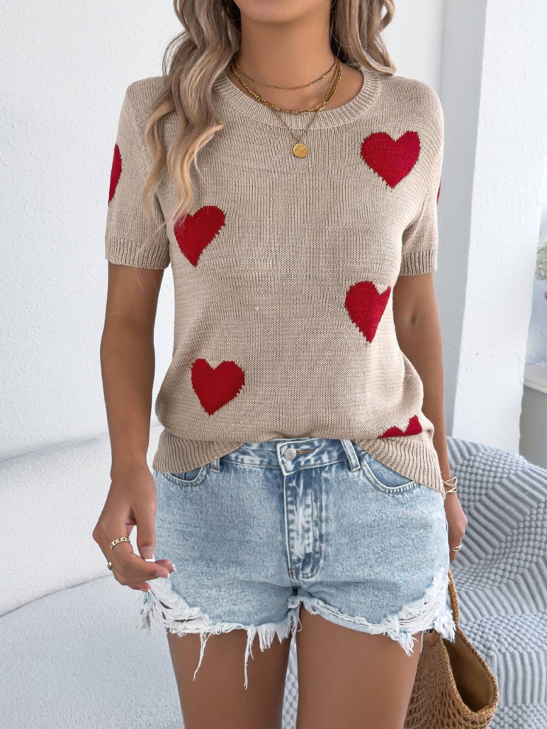 Heart Round Neck Short Sleeve Knit Top - Clothes For Her Online Store