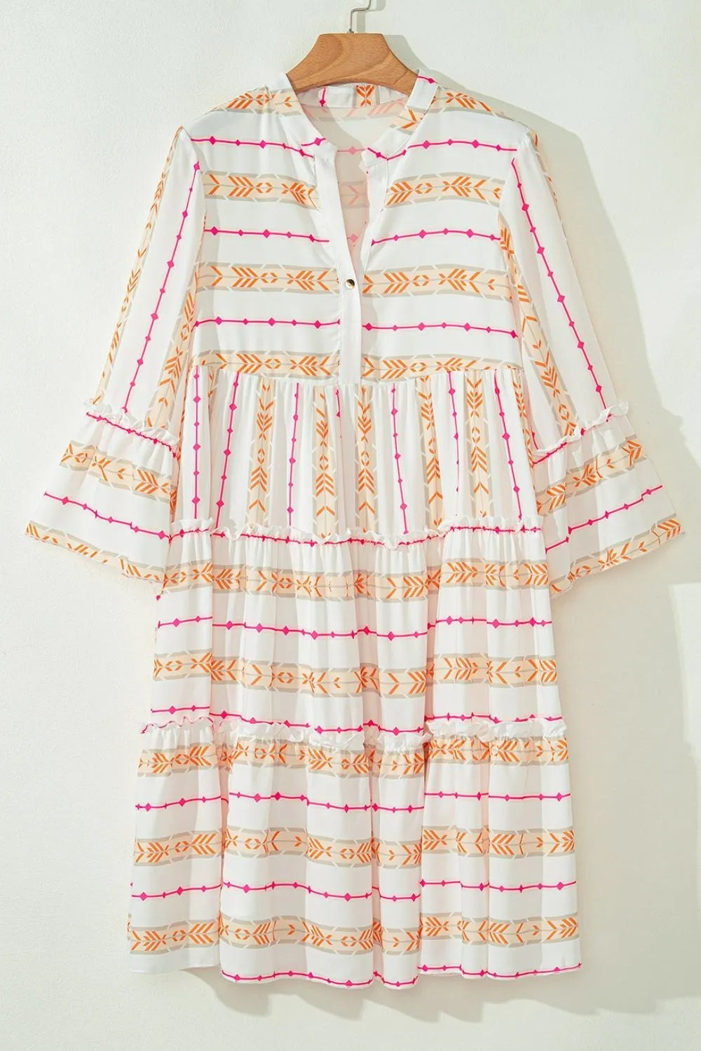 Printed Ruffled Notched Loose Dress