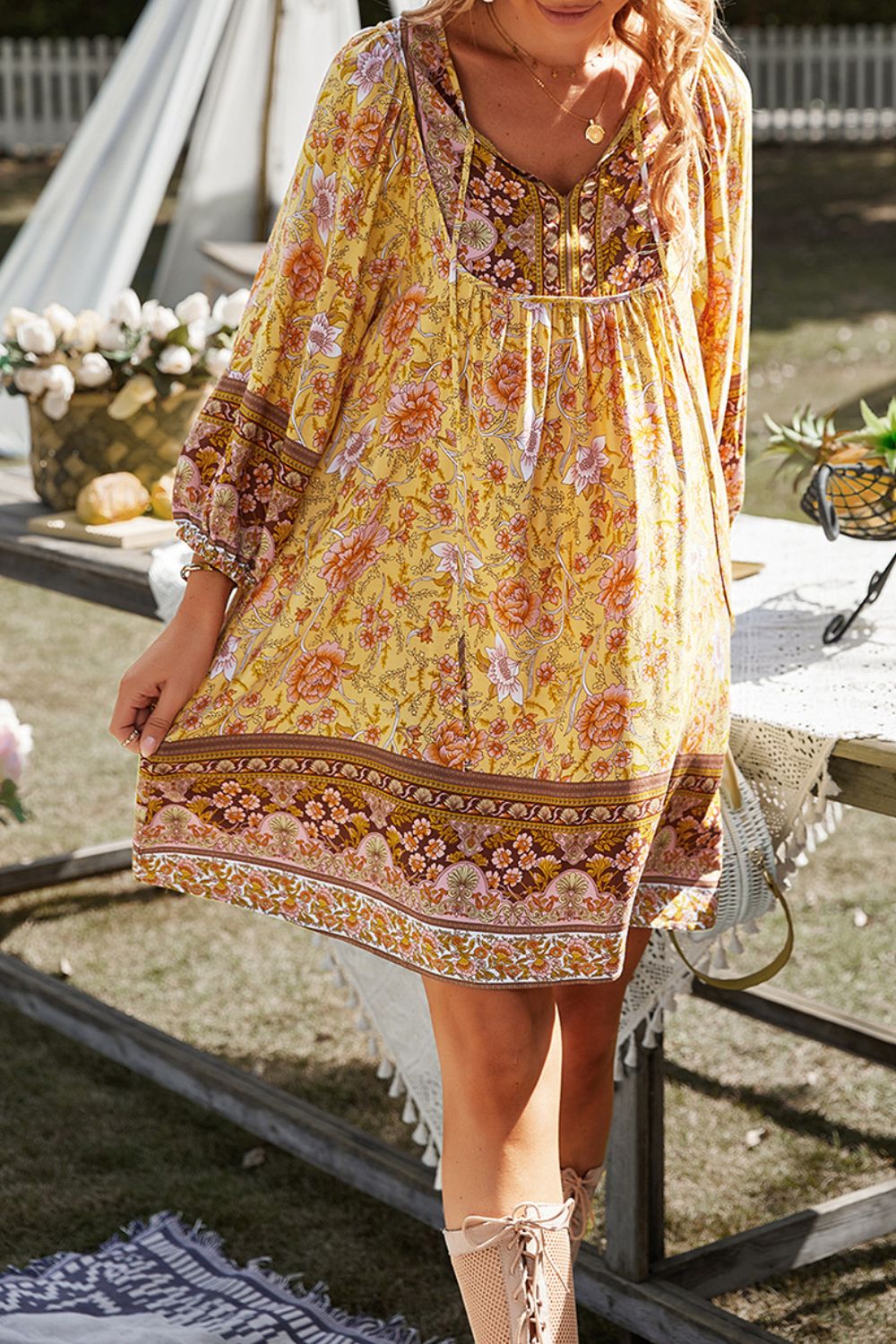 Devine Printed Tie Neck Mini Dress