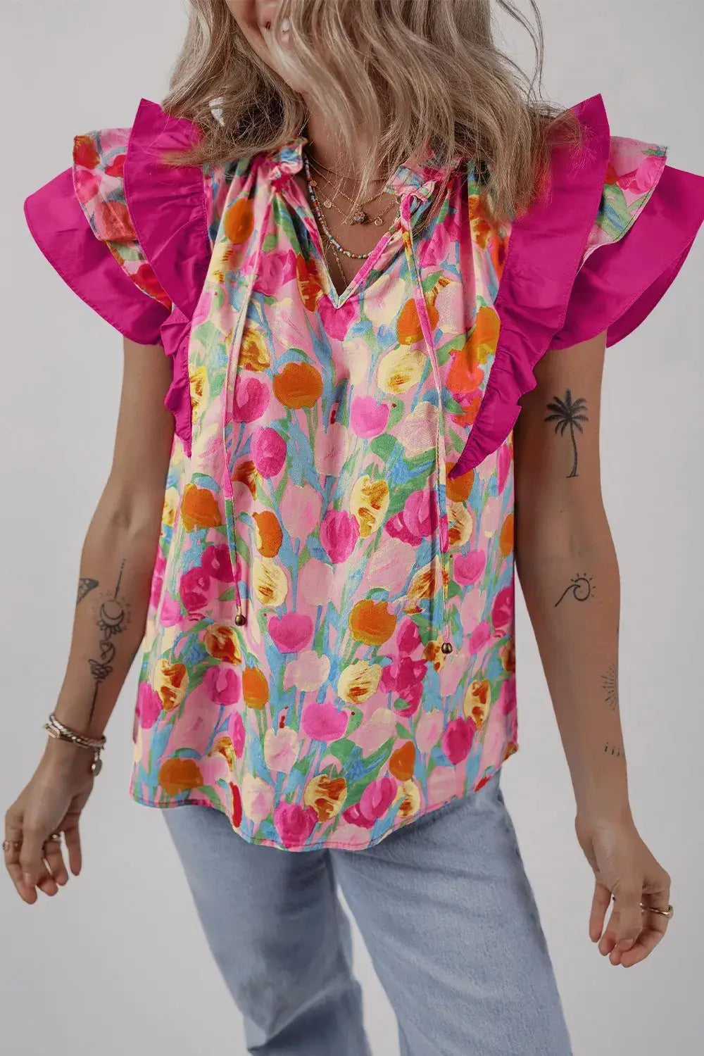 Floral Ruffle Layered Sleeve Blouse