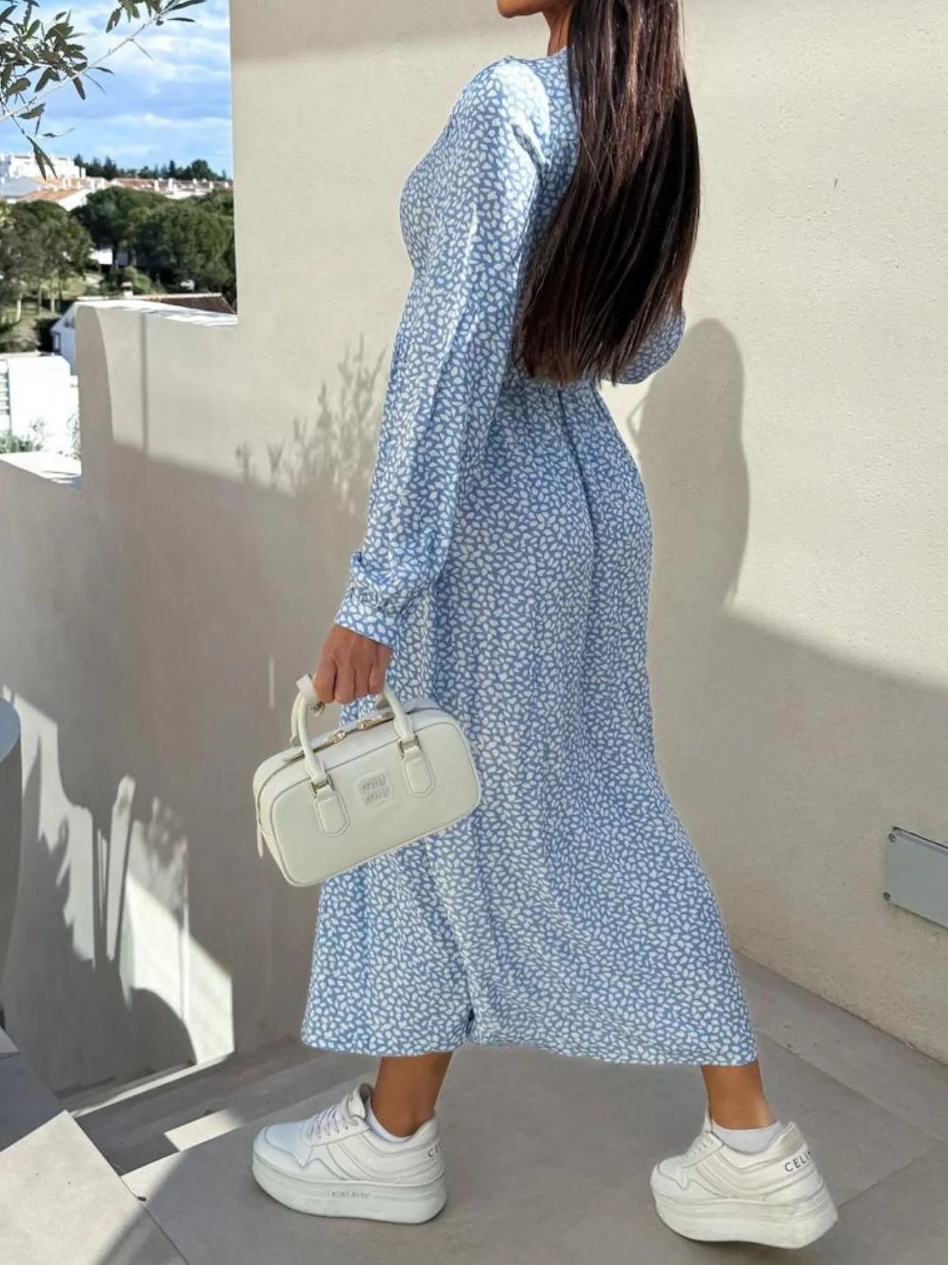 Floral Print Long Sleeve V-Neck Dress