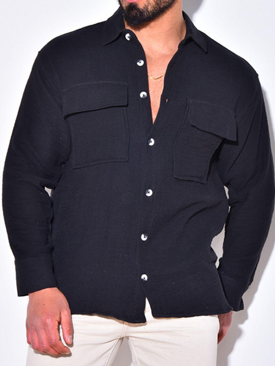 Men's Full Size Collared Neck Long Sleeve Shirt with Chest Pockets Plus Size