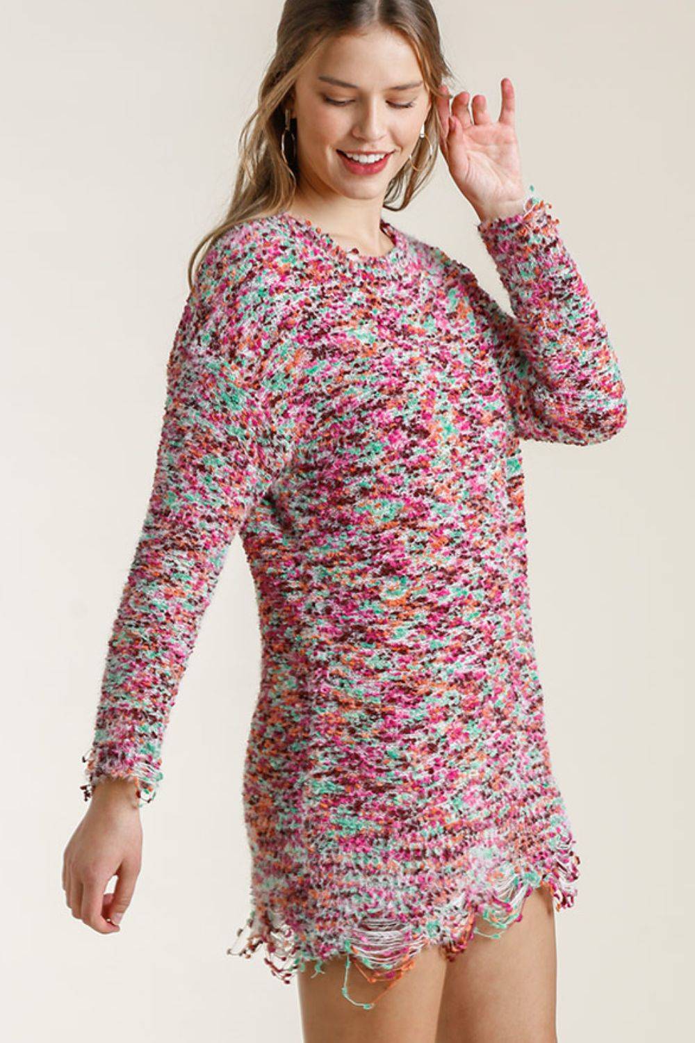 Umgee Full Size Distressed Hem Multicolored Round Neck Knit Tunic Dress Plus Size - Clothes For Her Online Store