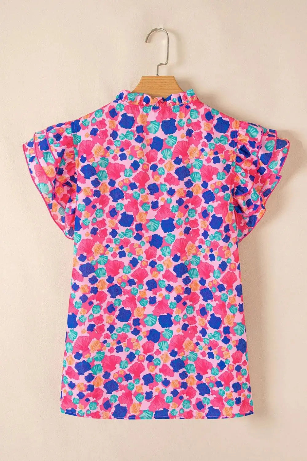 Abstract Print Ruffled Sleeve Notched Blouse - Clothes For Her Online Store
