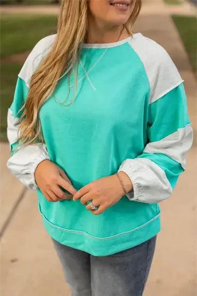 Plus Size Exposed Seam Color Block Long Sleeve Sweatshirt - Clothes For Her Online Store