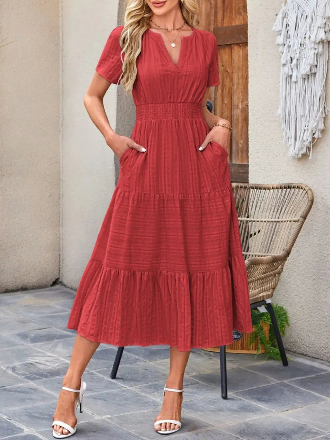 Tiered Notched Short Sleeve Dress - Clothes For Her Online Store