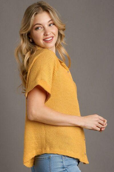Umgee Full Size Waffle-Knit Short Sleeve Button Down Shirt Plus Size - Clothes For Her Online Store