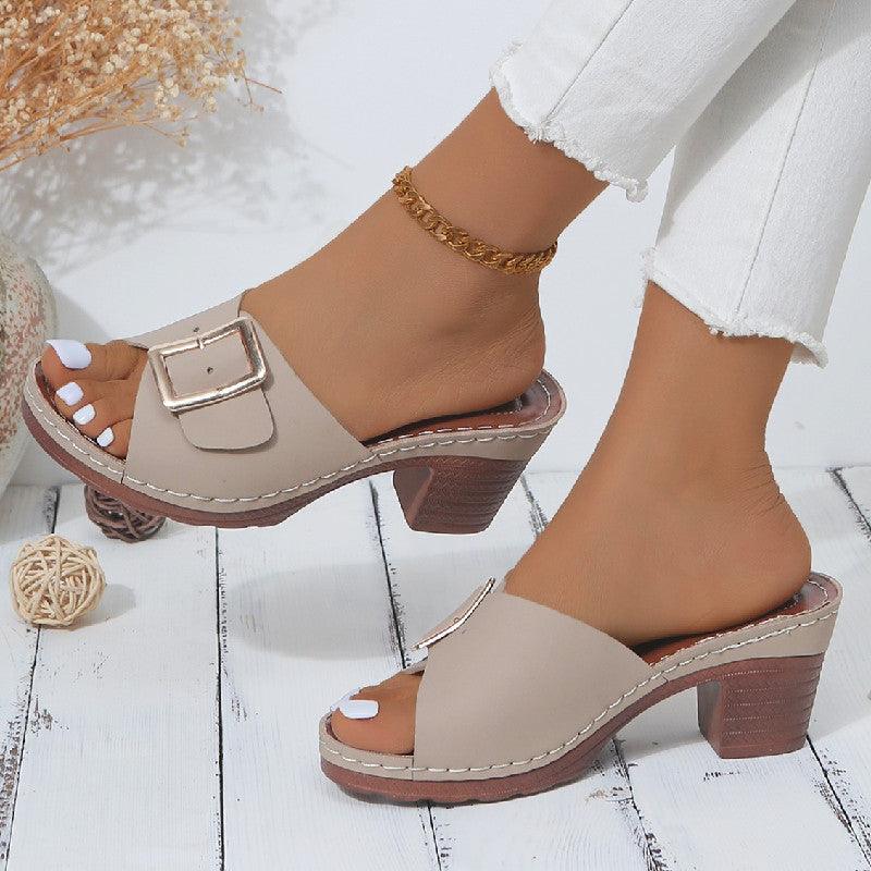 Open Toe Block Heel Buckle Sandals - Clothes For Her Online Store