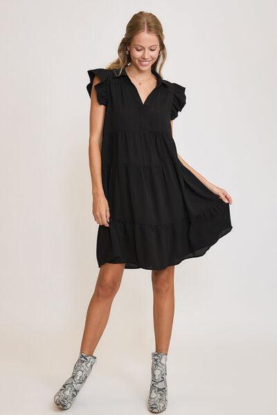 Umgee Full Size Johnny Collar Ruffle Cap Sleeve Tiered Dress Plus Size