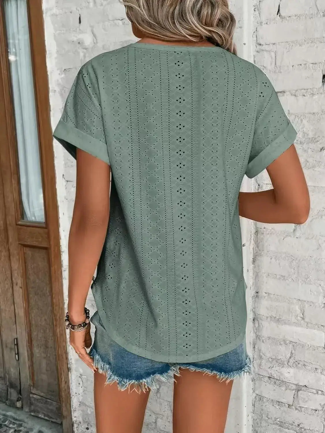 Eyelet Round Neck Short Sleeve T-Shirt - Clothes For Her Online Store