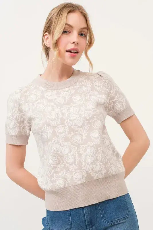 And The Why Short Sleeve Rose Pattern Knit Top - Clothes For Her Online Store