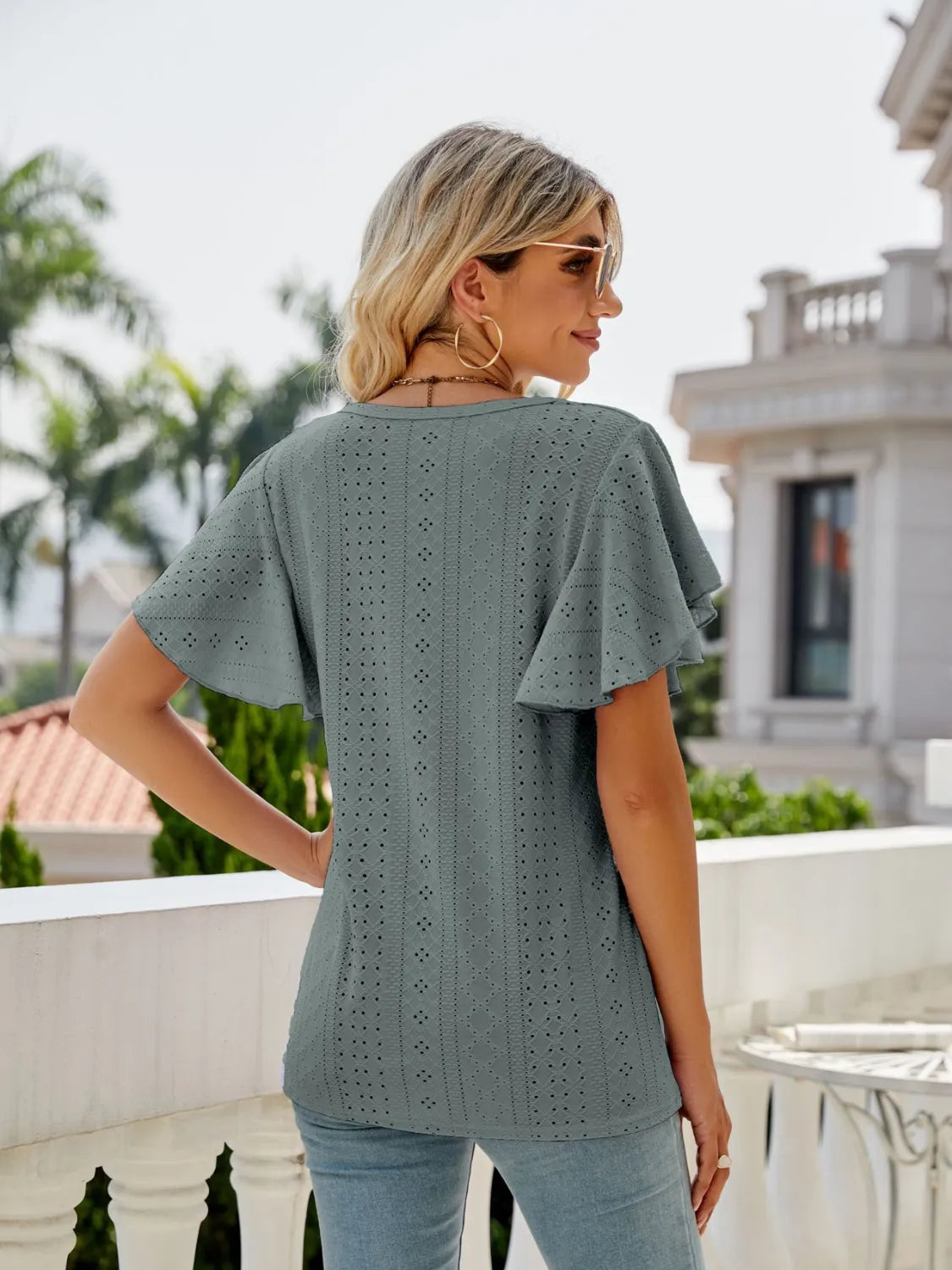 Round Neck Flutter Sleeve T-Shirt