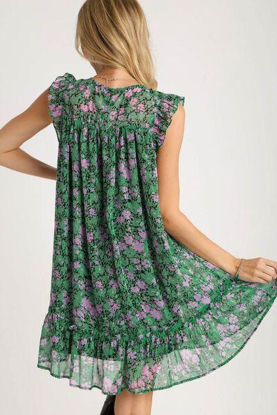 Umgee Full Size Smocked Detail Floral Metallic Ruffle Cap Sleeve Dress Plus Size