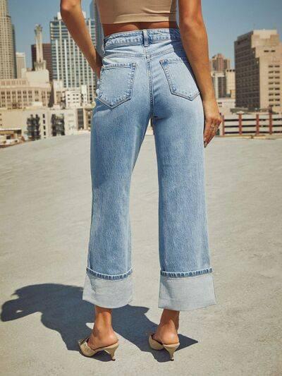 High Waisted Straight Leg Rolled Jeans - Clothes For Her Online Store