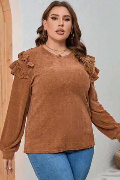 Plus Size Ruffled Round Neck Long Sleeve T-Shirt - Clothes For Her Online Store