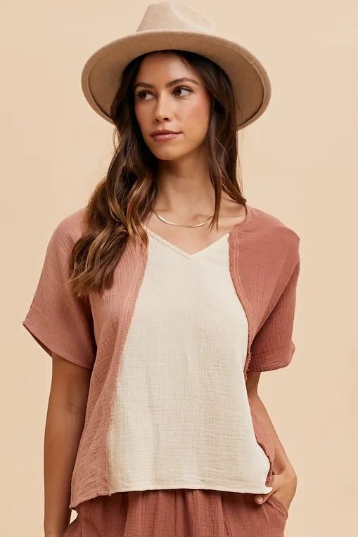 Annie Wear Color Block Cotton Gauze V-Neck Top