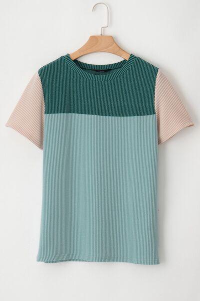 Color Block Round Neck Short Sleeve T-Shirt - Clothes For Her Online Store