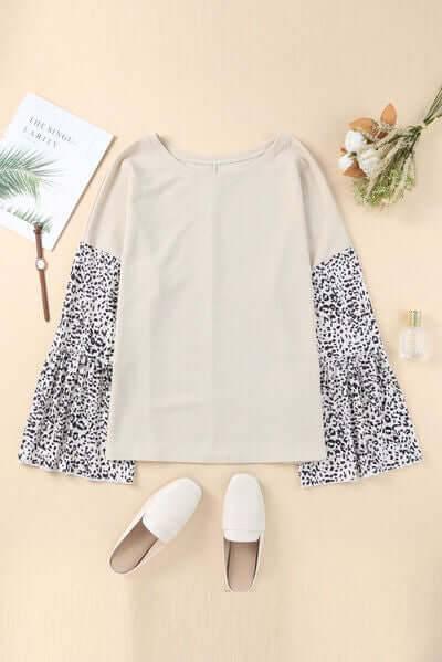Plus Size Leopard Round Neck Long Sleeve Top - Clothes For Her Online Store