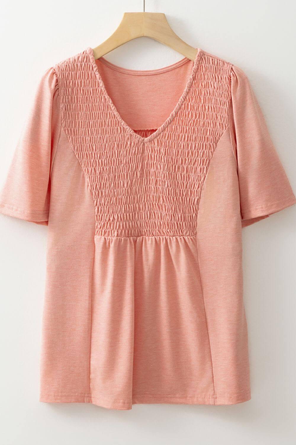 Smocked Front V Neck Short Sleeve Top