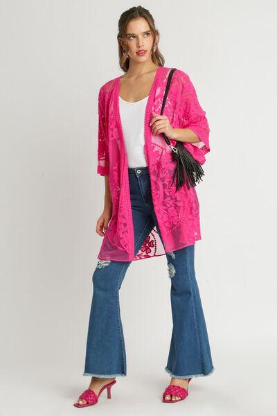 Umgee Full Size Floral Lace Open Front Kimono Sleevee Cover Up with Waist Tie Plus Size