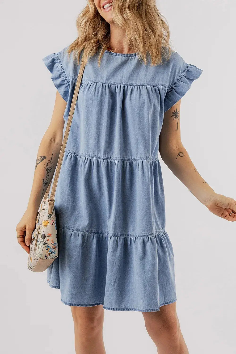 Ruffle Cap Sleeve Tiered A-line Denim Dress - Clothes For Her Online Store