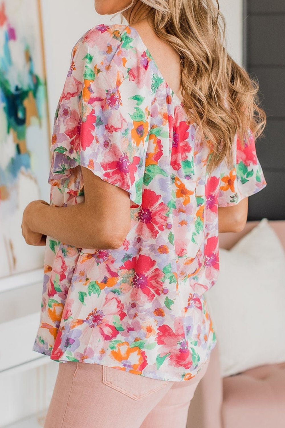 Floral Square Neck Ruffle Sleeve Blouse