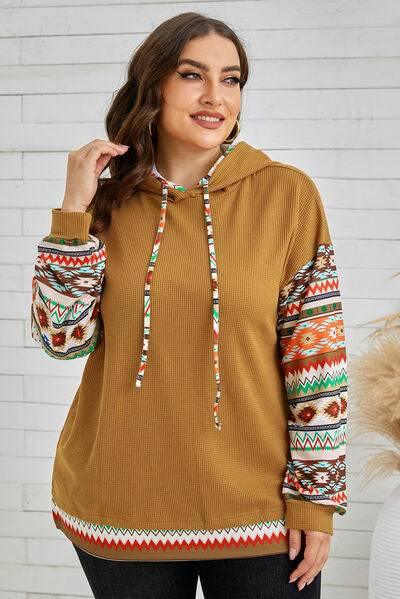 Plus Size Waffle-Knit Geometric Dropped Shoulder Hoodie - Clothes For Her Online Store