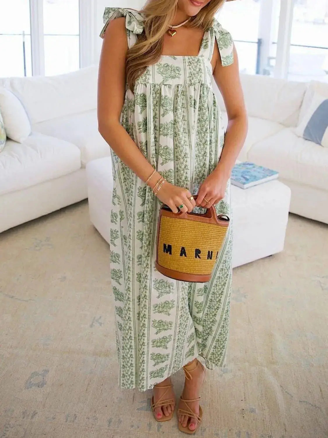 Printed Tie Shoulder Square Neck Midi Dress - Clothes For Her Online Store