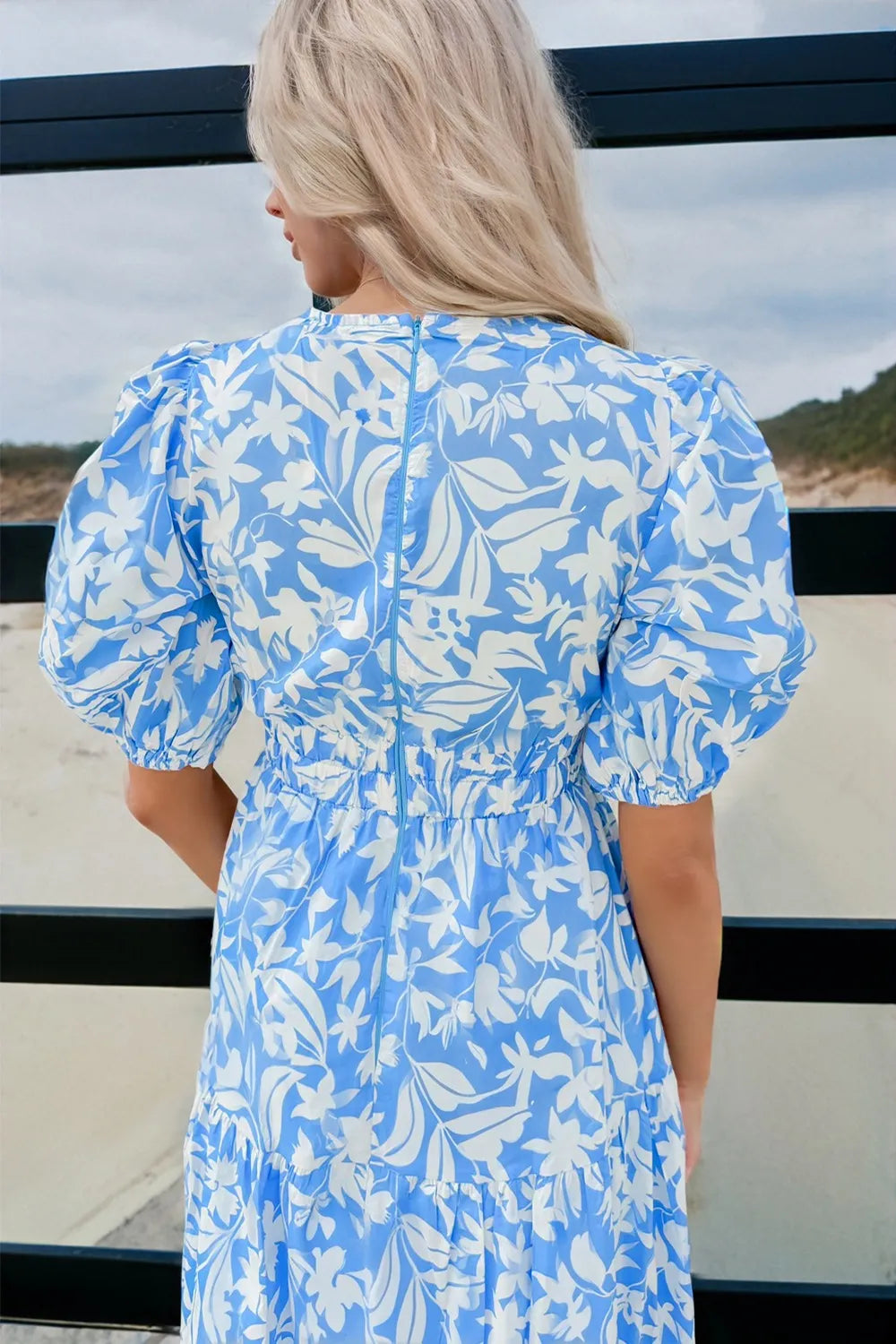 Floral V Neck Puff Short Sleeve Flowy Dress
