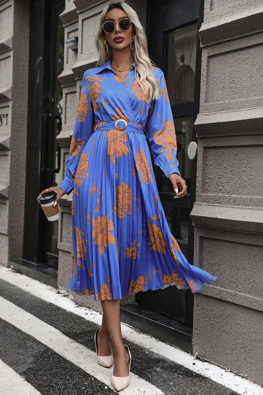 Perfee Floral Pleated Surplice Long Sleeve Midi Dress - Clothes For Her Online Store