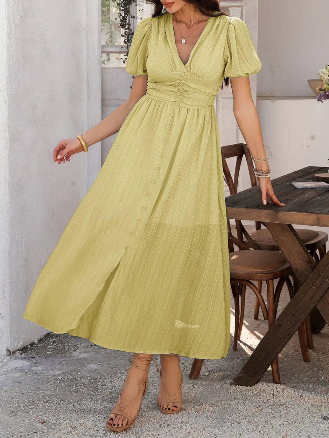 Devine V-Neck Puff Short Sleeve Midi Dress